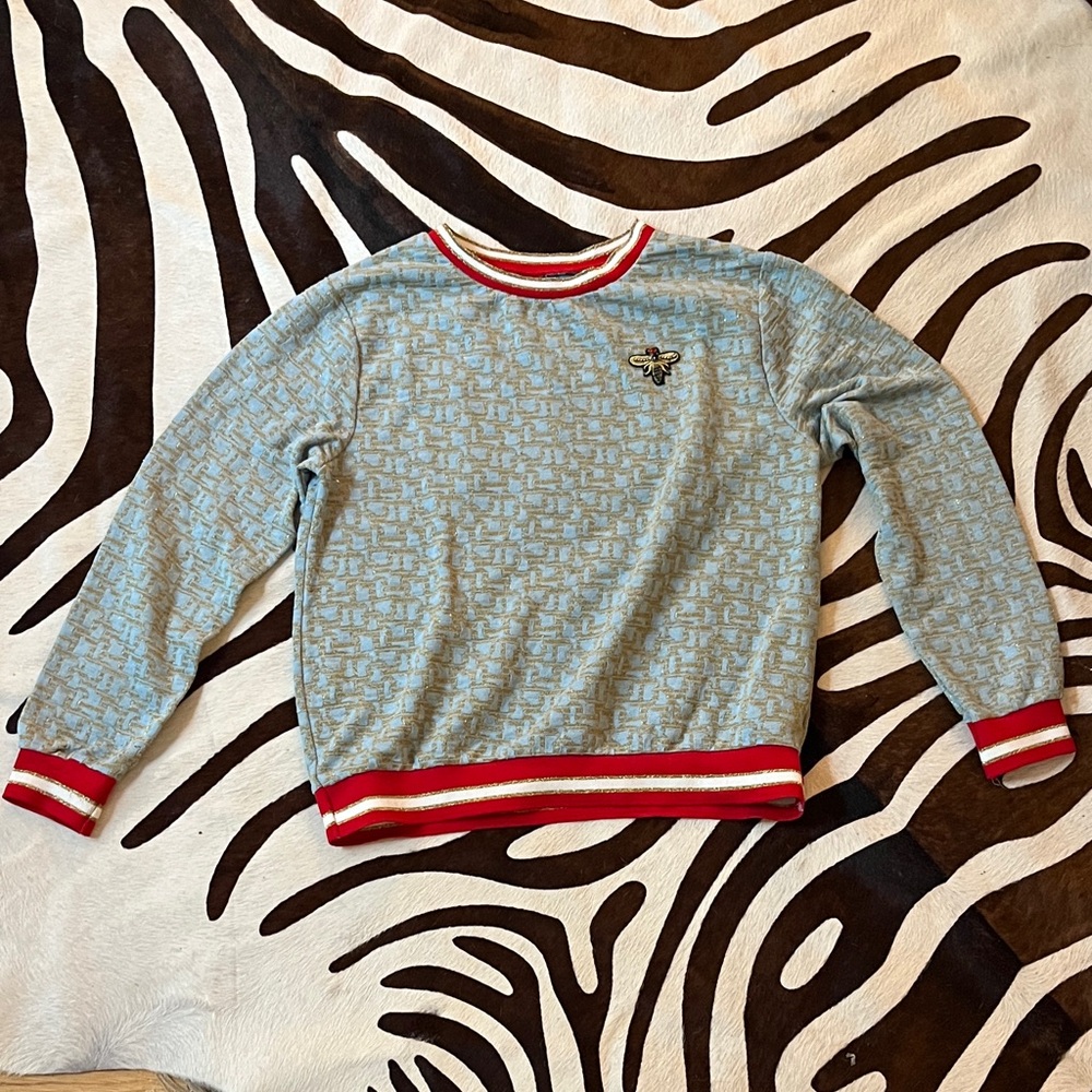 H&M Blue and Red Patterned Crewneck Sweater